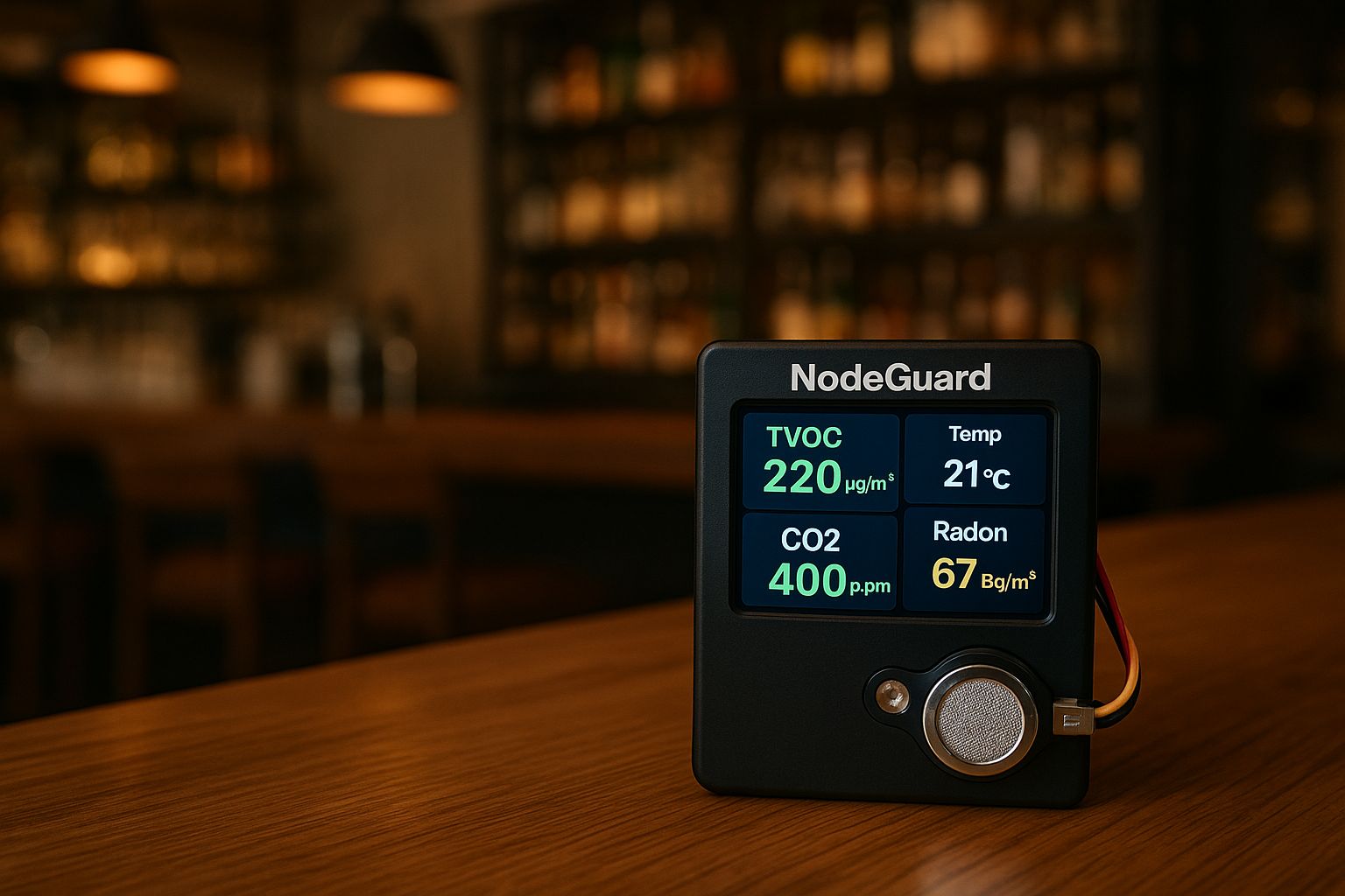 Digital skärm med luftkvalitetsdata och en bardisk med drinkar i bakgrunden