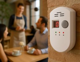 Radonsensorer dolda på en restaurangvägg nära konst och belysning