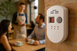 Radonsensorer dolda på en restaurangvägg nära konst och belysning