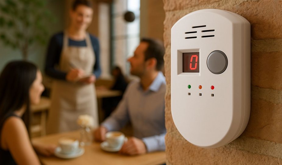 Radonsensorer dolda på en restaurangvägg nära konst och belysning