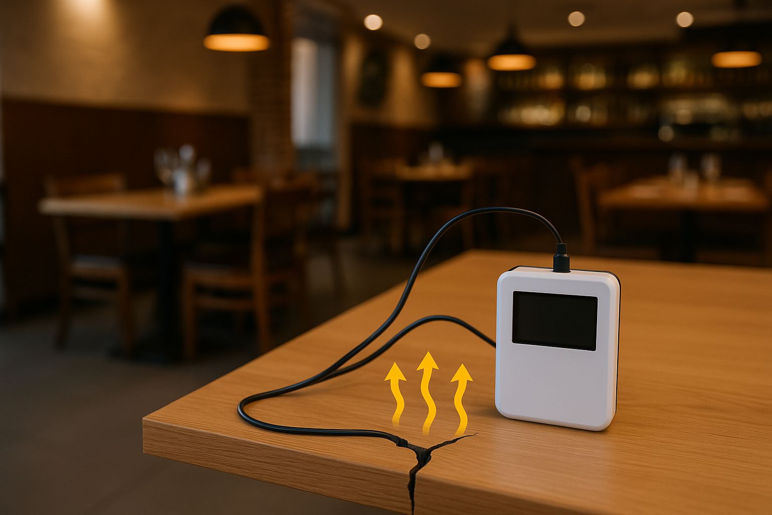 Liten vit radondosor placerad diskret i hörn av restauranglokal